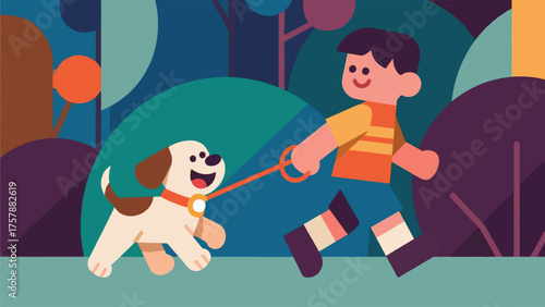 Illustration Of Child Walking A Small, Playful Puppy, With The Puppy Tugging On The Leash And A Happy Expression Vector Design Template