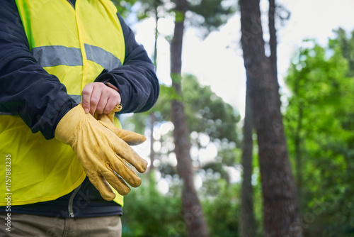 Unrecognizable woman wearing work clothes and a reflective vest adjusts her leather gloves before continuing to work cutting trees in the forest