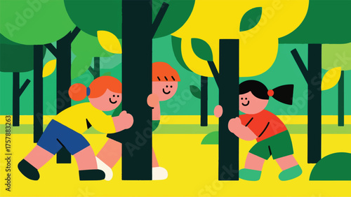 Illustration Of Children Playing Hide-And-Seek Among Tall Trees In A Park, With Playful Expressions Vector Design Template
