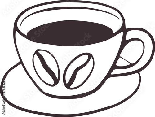 Black and white line drawing of coffee cup with beans saucer