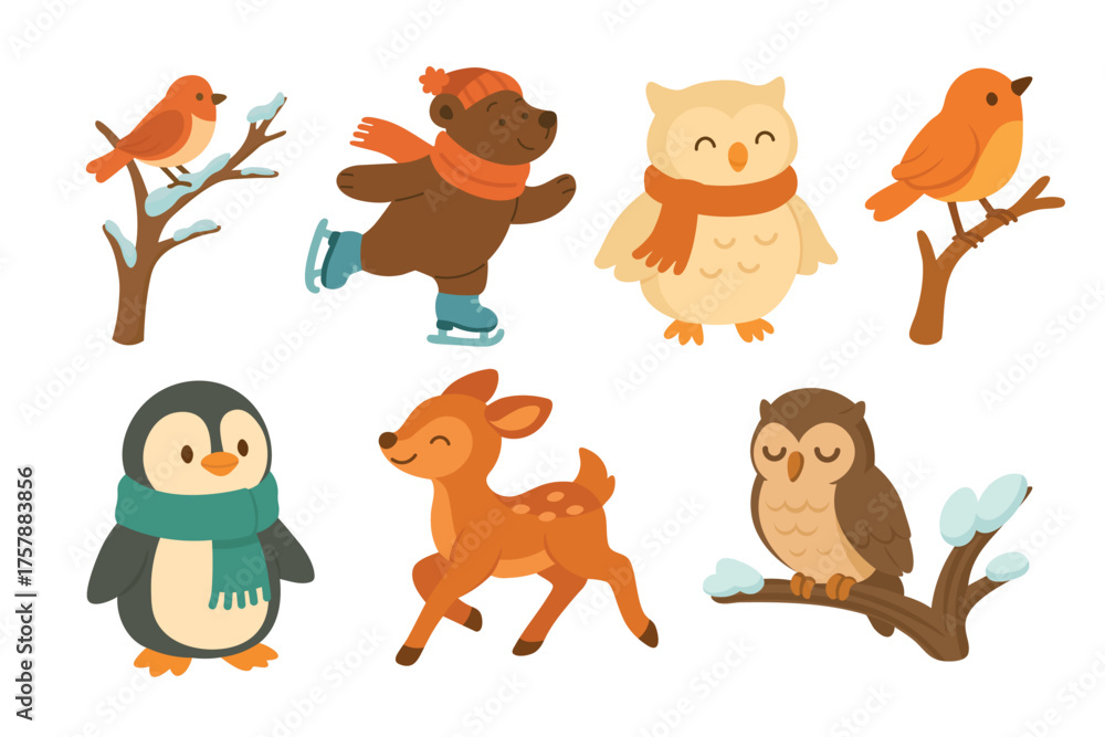 Fototapeta premium Cute winter animals set including owl, deer, bear, penguin and birds, flat vector illustration.