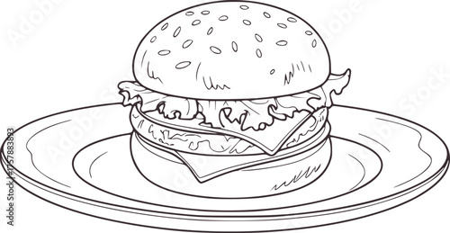 Detailed line drawing of a classic hamburger on a plate cheeseburger food