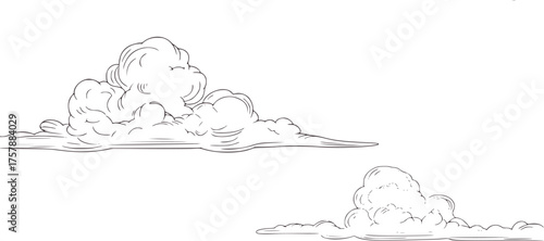 Fluffy cumulus clouds in black ink drawing black and white