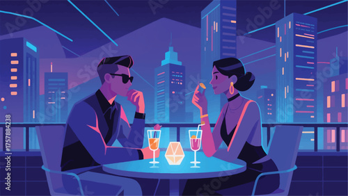 illustration of couple on a romantic date at a rooftop bar, with city lights in the background and elaborate drinks.eps