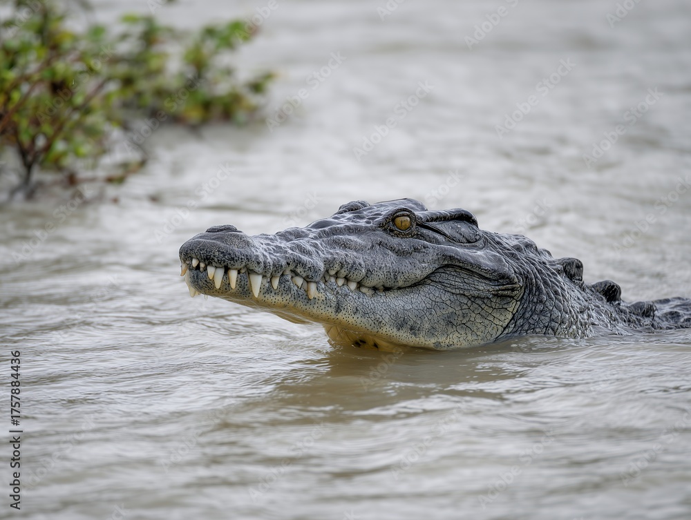 Obraz premium 川に浮かぶワニのクローズアップ野生動物の迫力ある表情と質感をとらえた自然写真