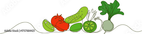 Minimalist line art illustration of fresh vegetables tomato cucumber