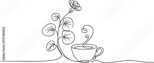 Minimalist line drawing of a steaming coffee cup with a delicate flower line art