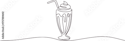 Minimalist line drawing of a tall milkshake with whipped cream and straw drink beverage