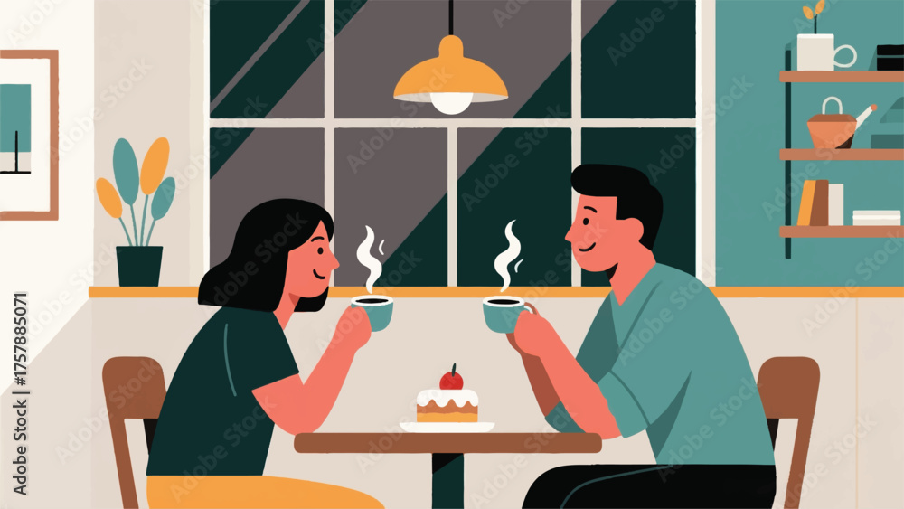 Fototapeta premium Illustration Of Couple Sharing A Dessert At A Cozy, Minimalist Cafe, With Steam Rising From Their Cups And A Window View Vector Design Template