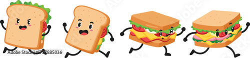 Cartoon sandwiches running with expressive faces and ingredients, anthropomorphic food characters, playful motion illustration, white background, fun and energetic designPrint