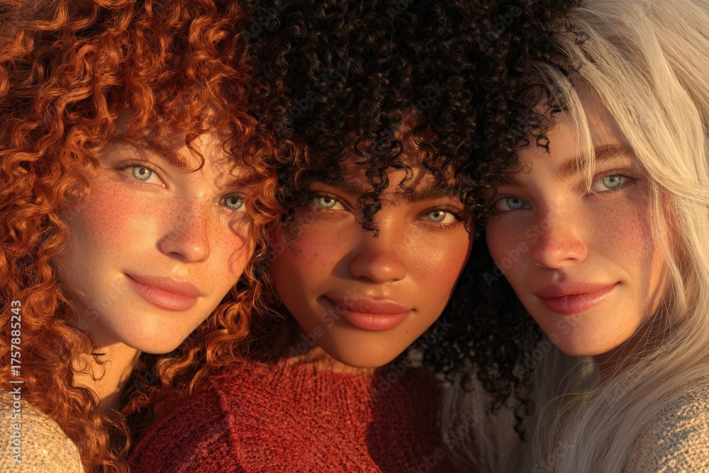 Obraz premium Three diverse women, close-up, showcase a warm, inviting friendship, highlighting natural beauty and textured hair. Their expressive faces and gentle smiles evoke a sense of harmony and unity.