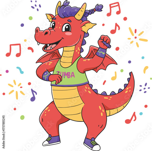 Cartoon red dragon dancing Zumba, green tank top and sneakers, festive fitness character, musical notes, white background, playful workout illustration