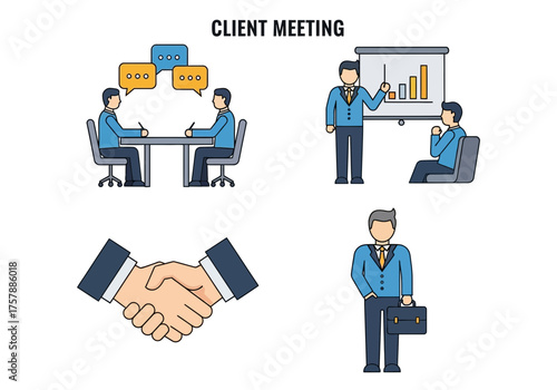 Abstract illustration of business concepts including teamwork presentation and individual activity