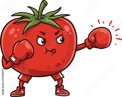 Cartoon tomato boxer with gloves and sneakers, determined face and punch motion, anthropomorphic vegetable character, white background, fun illustration