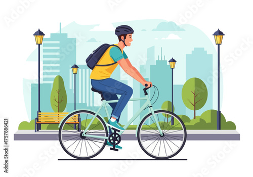 Cyclist riding bicycle illustration cityscape background active lifestyle travel concept