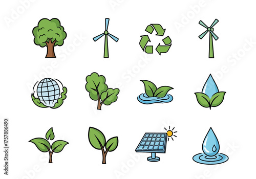 Eco friendly icon set featuring trees water energy elements