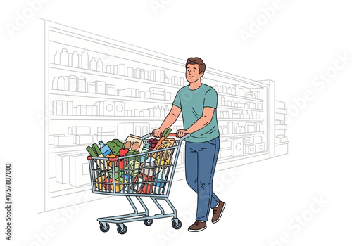 Person with shopping cart on white backdrop