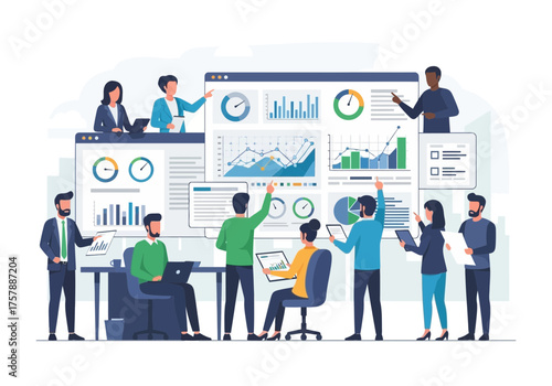 Team members interacting with data visualization on a large screen