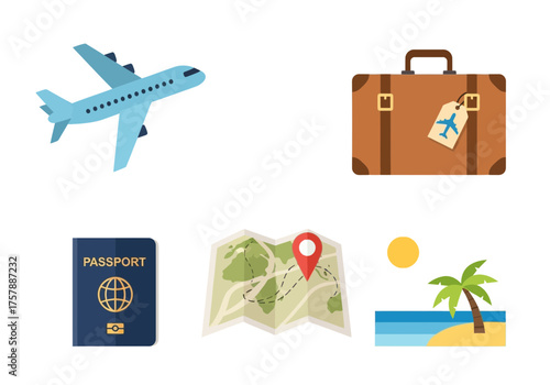 Travel icons airplane suitcase passport beach holiday tourism vacation concepts