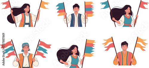 Cultural celebration with diverse characters holding colorful flags in traditional attire, symbolizing unity, heritage, pride, and festive spirit