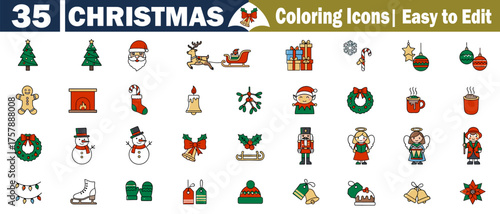 Festive Christmas Holiday Coloring Icons Set. Unique Winter Season Vector Illustrations for Creative Designs and Art Projects. Editable Design Elements Winter Holiday Icon Pack.