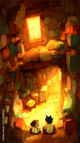 Cozy Attic Room with Bookcases, Loft Bed, and Two Children Reading in Warm Sunlight, Cartoon Style Illustration, Childhood Memories, Creative Escape