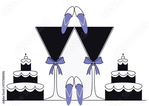 Two tiered cakes with candles and champagne glasses decorated with bows and ballet slippers isolated on transparent background
