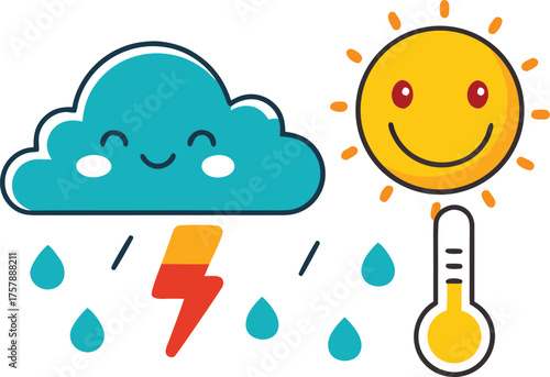 Cute cartoon weather icons showing sun rain lightning and thermometer isolated on transparent background