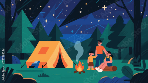 Illustration Of Family Camping In A Forest, With A Detailed Tent, Campfire, And Starry Night Sky Vector Design Template