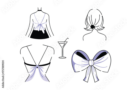 Fashionable feminine back details including a tied top a bra with a bow and a large decorative bow isolated on transparent background