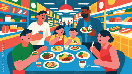 Illustration Of Family Gathered Around A Table In A Bustling Food Hall, Each With A Different International Dish Vector Design Template