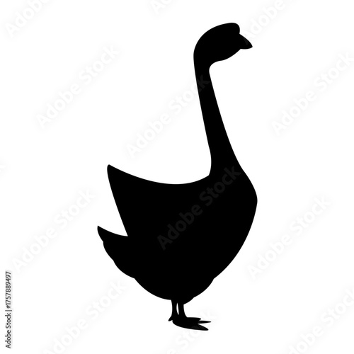 Black vector illustration of a wild goose or duck silhouette with a beak and feather design as a symbol or icon