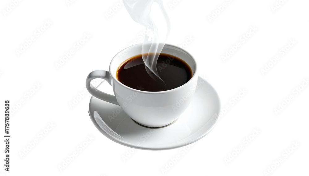 Obraz premium hot black coffee with rising steam, served in a white ceramic cup on a small sauce