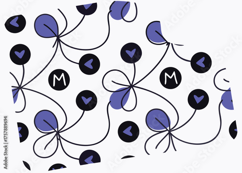 Whimsical abstract pattern with purple shapes hearts and the letter m isolated on transparent background