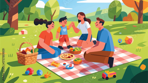 Illustration Of Family Having A Picnic In A Sunny Park, With A Checkered Blanket, Food Basket, And Scattered Toys Vector Design Template