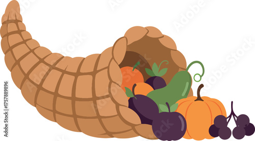 Empty Cornucopia with Assorted Fruits and Vegetables on White Background