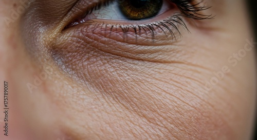 Closeup of a human eye with visible wrinkles and a dark iris