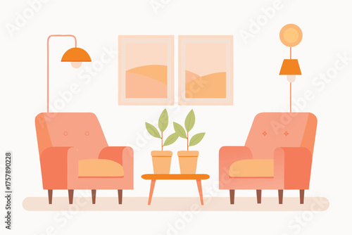 Cozy living room scene with two armchairs a small table with potted plants and lamps isolated on transparent background