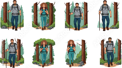 Eight Stylized Panels of Man and Woman Hiking Through Forest Trails, Outdoor Adventure and Nature Exploration Vector Illustration Series