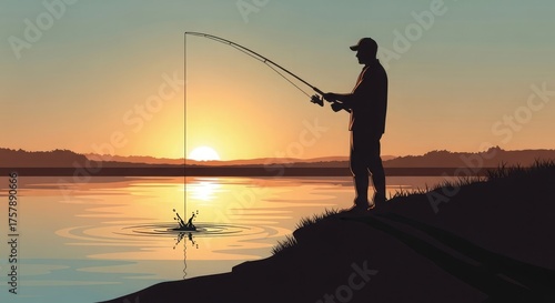Silhouette of a fisherman reeling in a fish at sunset, creating ripples in the water.