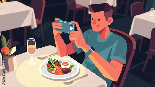 Illustration Of Food Blogger Meticulously Photographing A Gourmet Meal At A High-End Restaurant, With A Smartphone And Ring Light Vector Design Template
