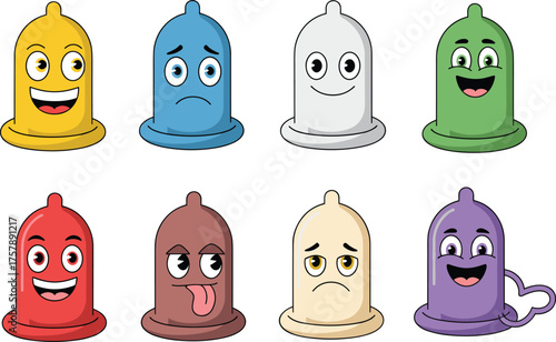 Cartoon condom characters, colorful emotional expressions, safe sex awareness icons, educational illustration set, expressive faces, health concept, playful design, protection symbols