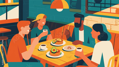 Illustration Of Friends Having Brunch At A Rustic Cafe, With Avocado Toast, Pancakes, And Detailed Coffee Art Vector Design Template