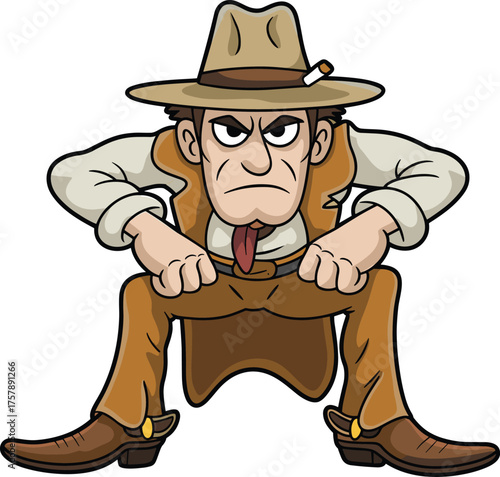 Cartoon cowboy character, stern outlaw pose, Western attire illustration, crouching gesture, expressive face design, tough man caricature, wild west concept art