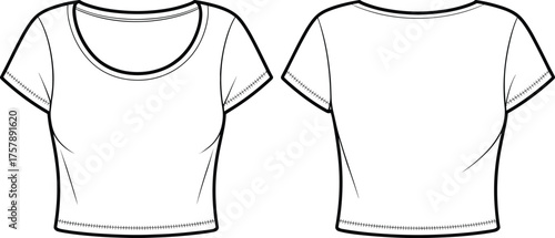 Cropped scoop neck T-shirt sketch, short sleeve design, fitted silhouette, front and back view, CAD drawing, flat vector illustration, garment template