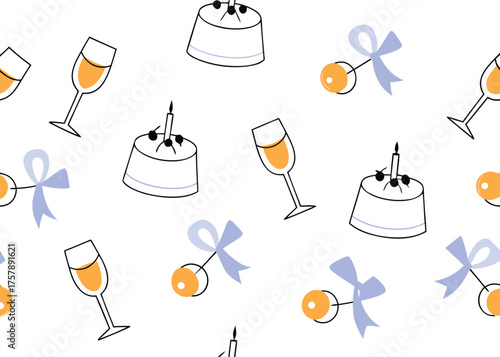 Cute cartoon celebration pattern with cakes champagne glasses and baby rattles isolated on transparent background