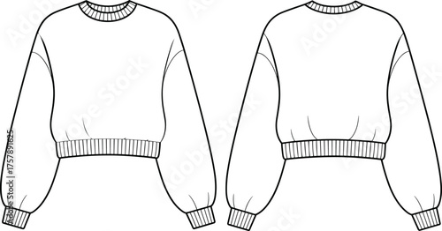 Cropped sweatshirt fashion sketch, balloon sleeve design, ribbed crew neckline, front and back view, CAD drawing, flat vector illustration, garment template