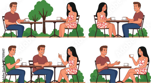 Four Outdoor Coffee Scenes with Man and Woman in Red Floral Dress, Casual Conversation at Table Vector Illustration Series