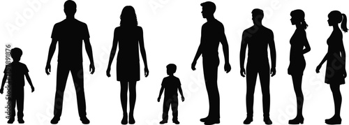 Human growth silhouette, child to adult stages, age progression illustration, family development concept, anthropometry reference, educational visual, standing posture figures