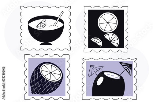 Four stylized illustrations of tropical drinks and citrus fruits in stamp frames isolated on transparent background